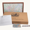 Plattenjagd_Karte 6 Korkkarte von Köln mit markierten Tischtennisplatten, Verpackungskarton, Fähnchen, Anleitung und Sticker